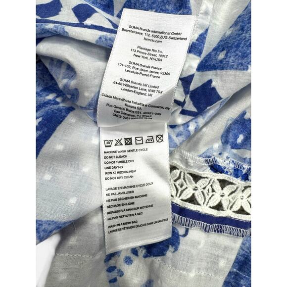 FARM Rio Flowerful Birds Maxi Dress Size XL Blue White Cotton V-Neck Boho Resort - Picture 11 of 12